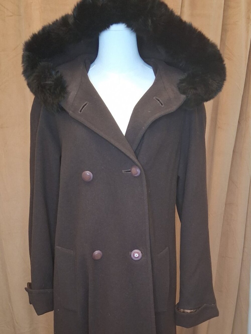 Brown Long Winter Jacket w/ Fur Trim Size 10